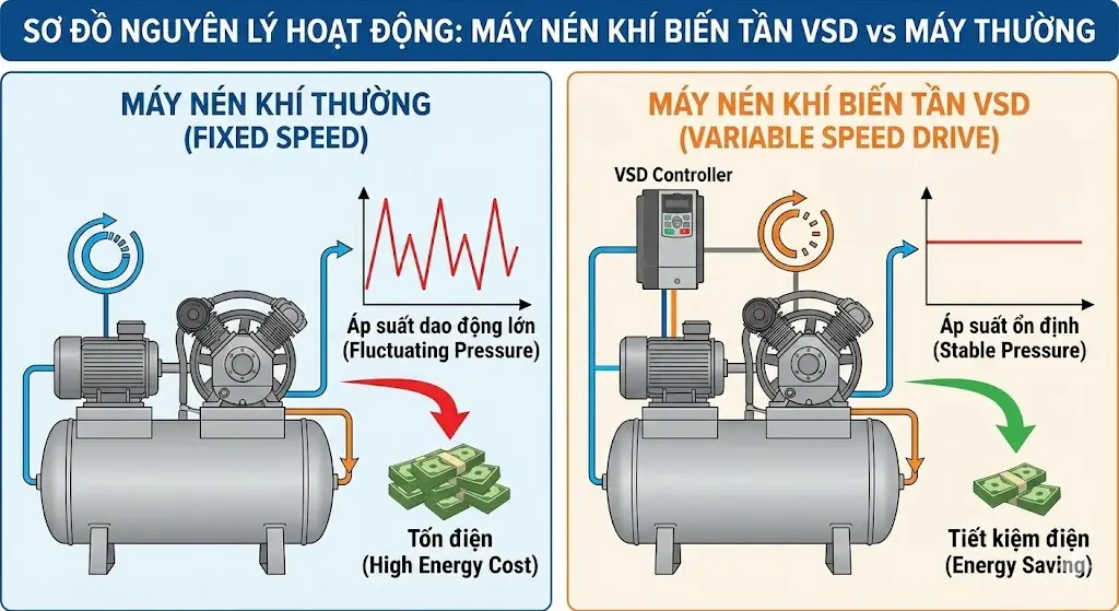 Sơ đồ nguyên lý hoạt động của máy nén khí biến tần VSD so với máy thường