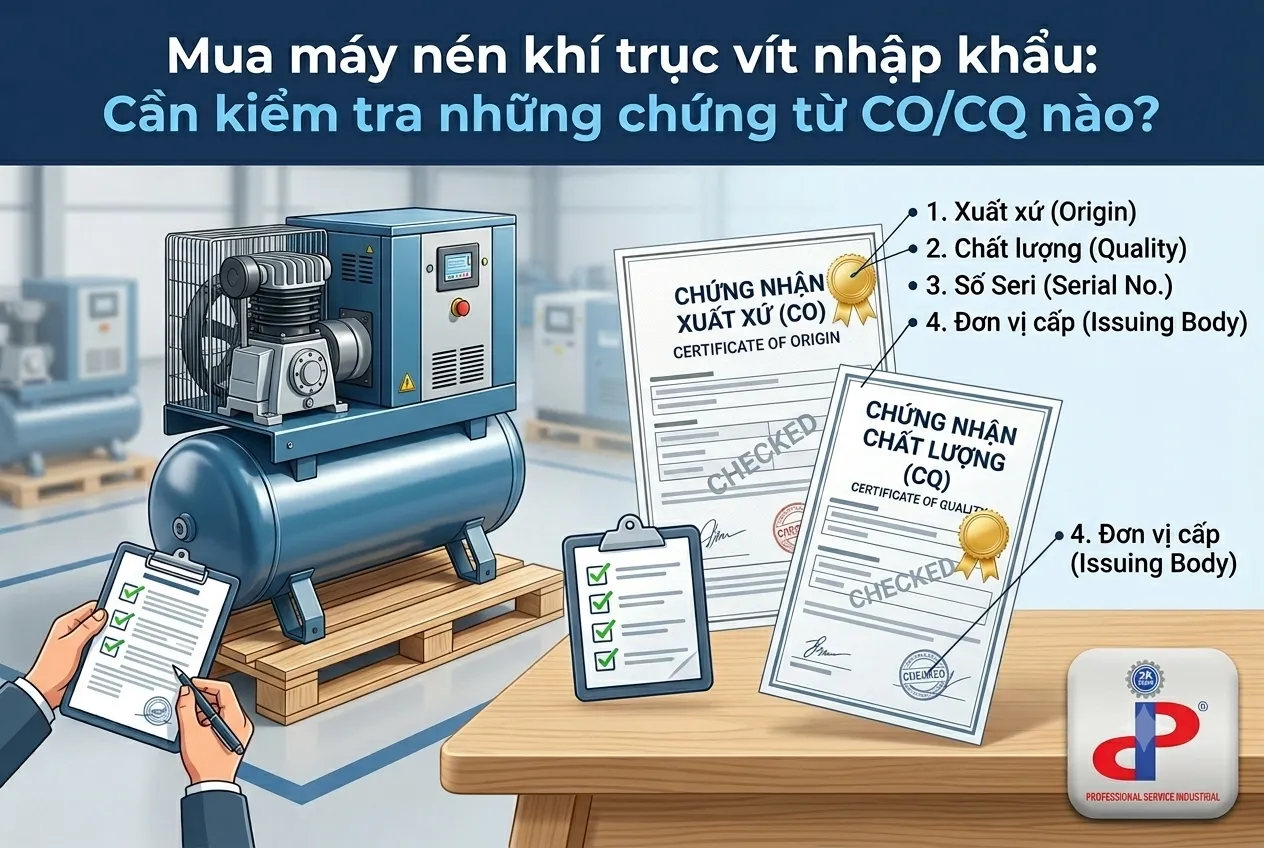 Mua máy nén khí trục vít nhập khẩu: Cần kiểm tra những chứng từ CO/CQ nào?