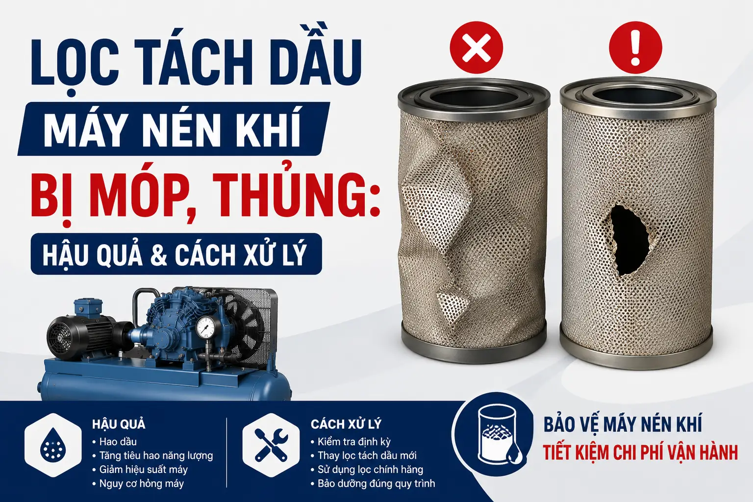 Lọc Tách Dầu Máy Nén Khí Bị Móp, Thủng: Hậu Quả & Cách Xử Lý